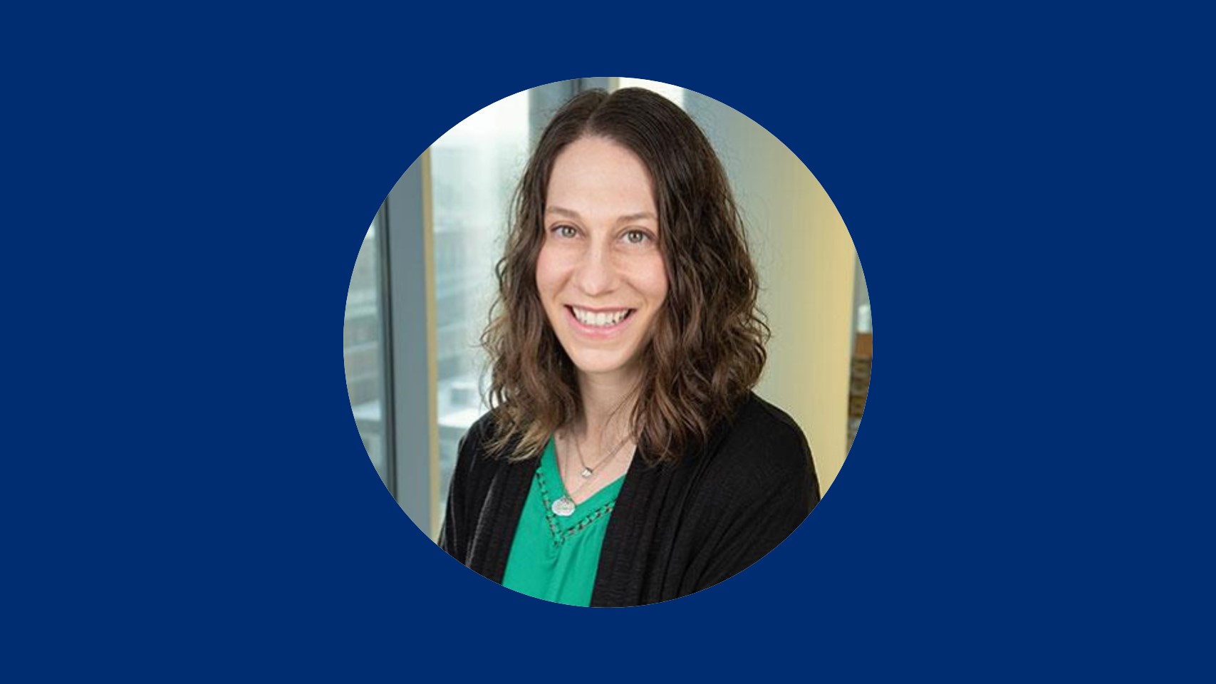 Circle headshot of Stacey Simon, PhD, on a blue background.