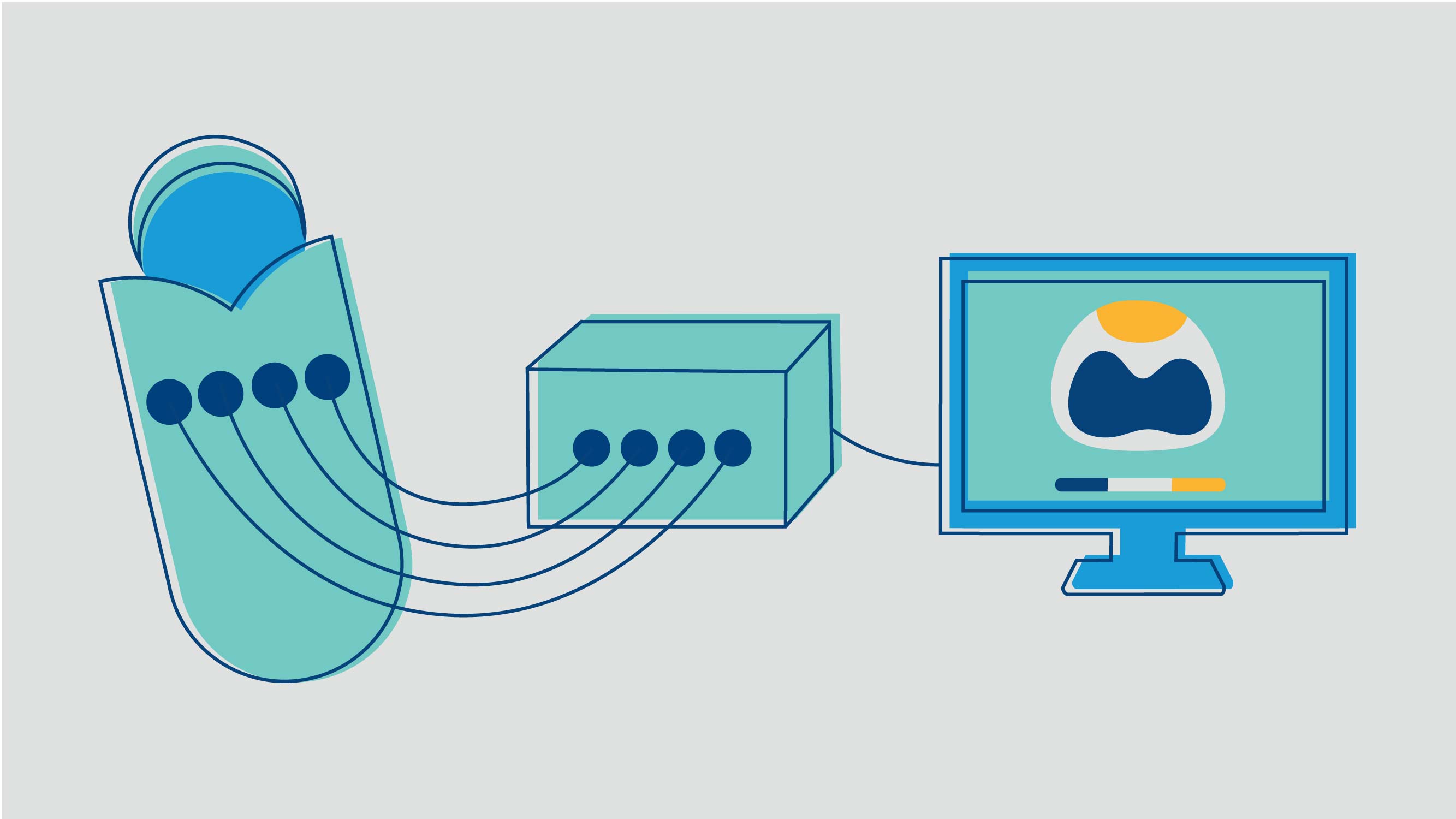 Illustration of an infant with electrical sensors connected to a machine that’s connected to a computer monitor displaying an abstract pattern with bars below it. 
