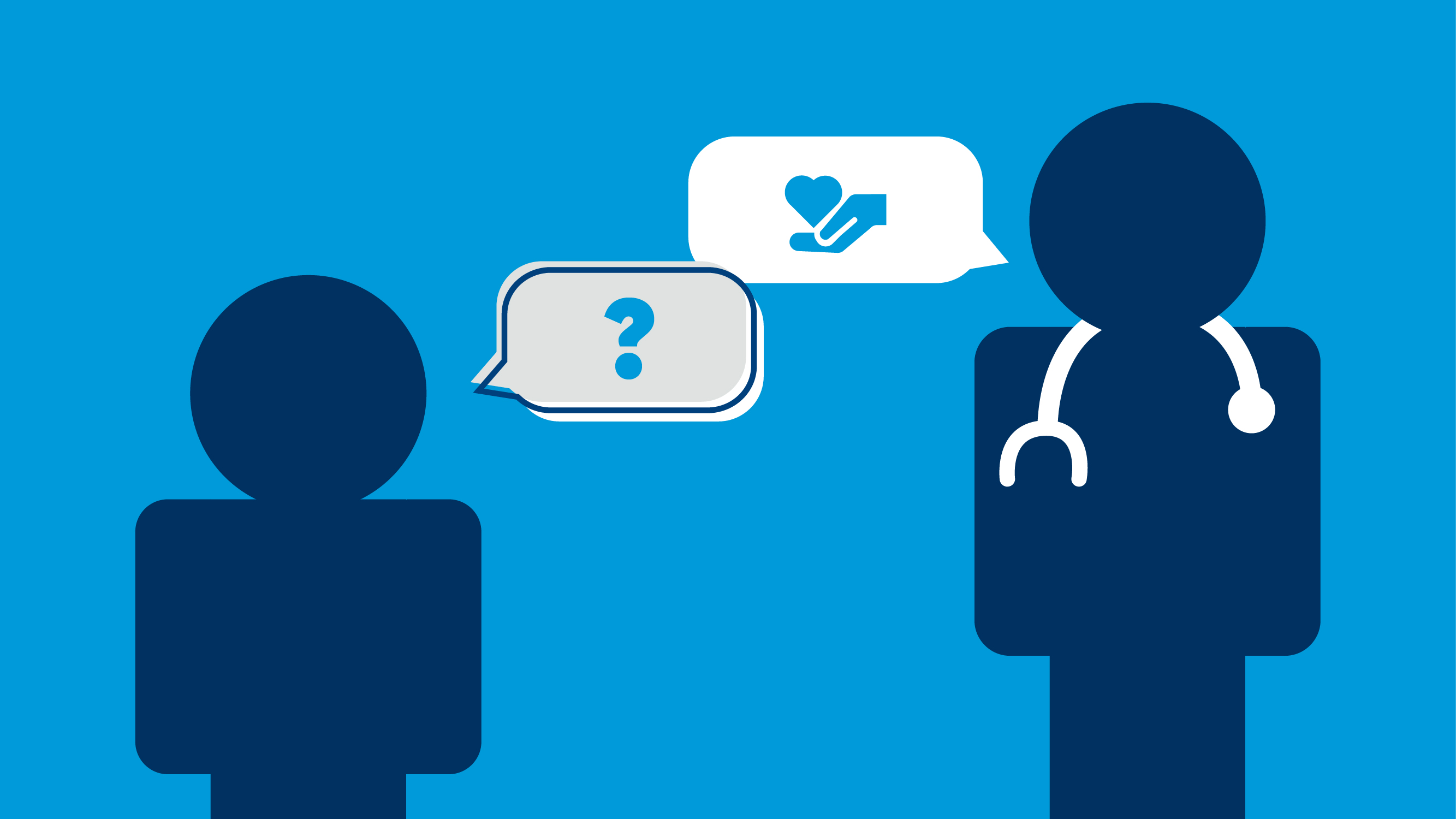 Two figures — patient and clinician — face each other with speech bubbles showing a question and a heart-in-hand, representing a supportive healthcare conversation.