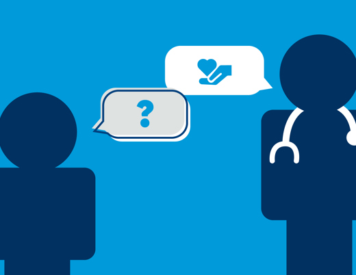 Two figures — patient and clinician — face each other with speech bubbles showing a question and a heart-in-hand, representing a supportive healthcare conversation.