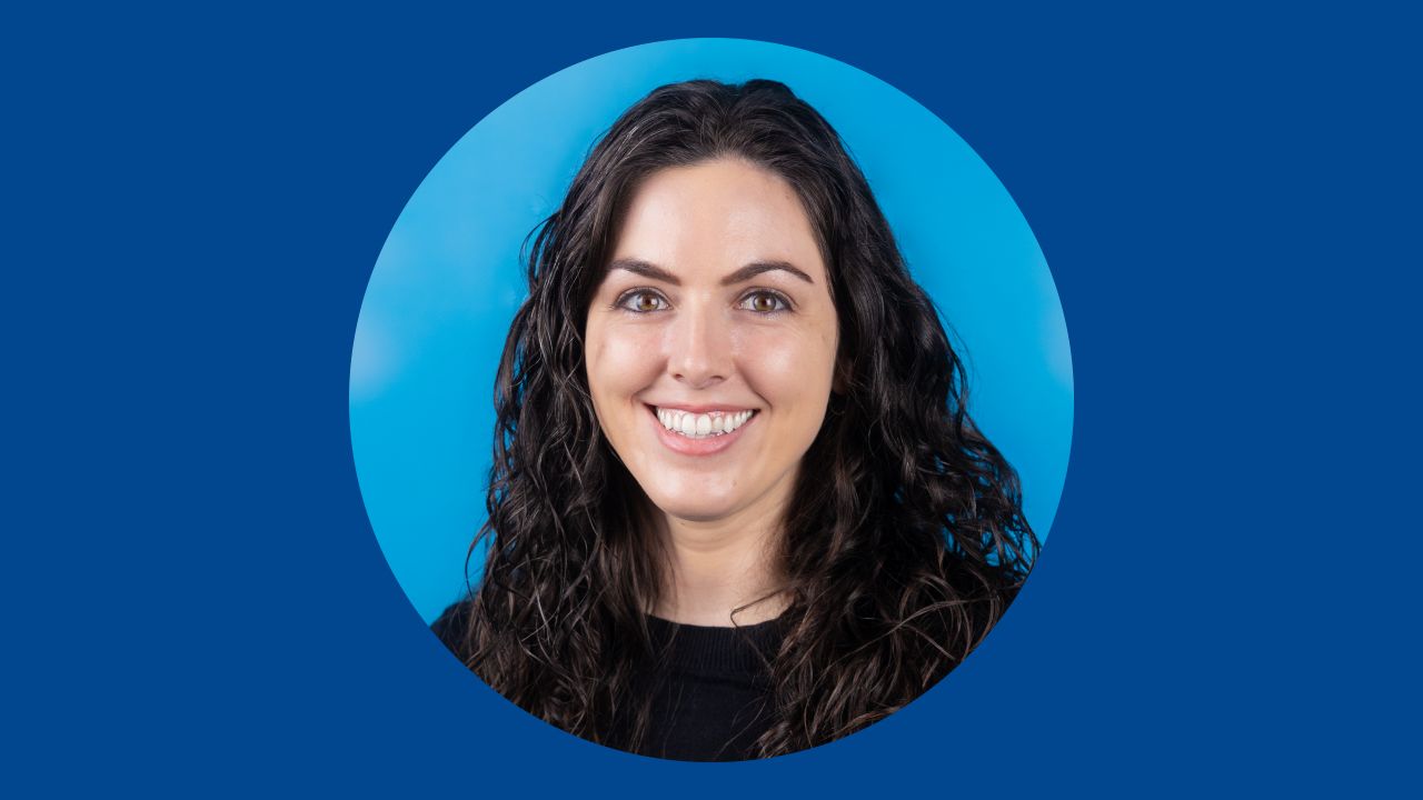 A graphic design shows an image of a doctor smiling with a blue background. 