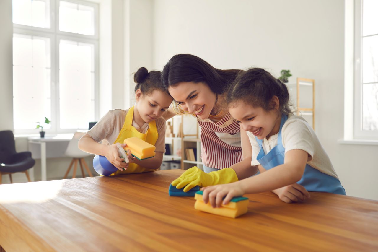 A mom and her two kids scrub a table with a sponge.