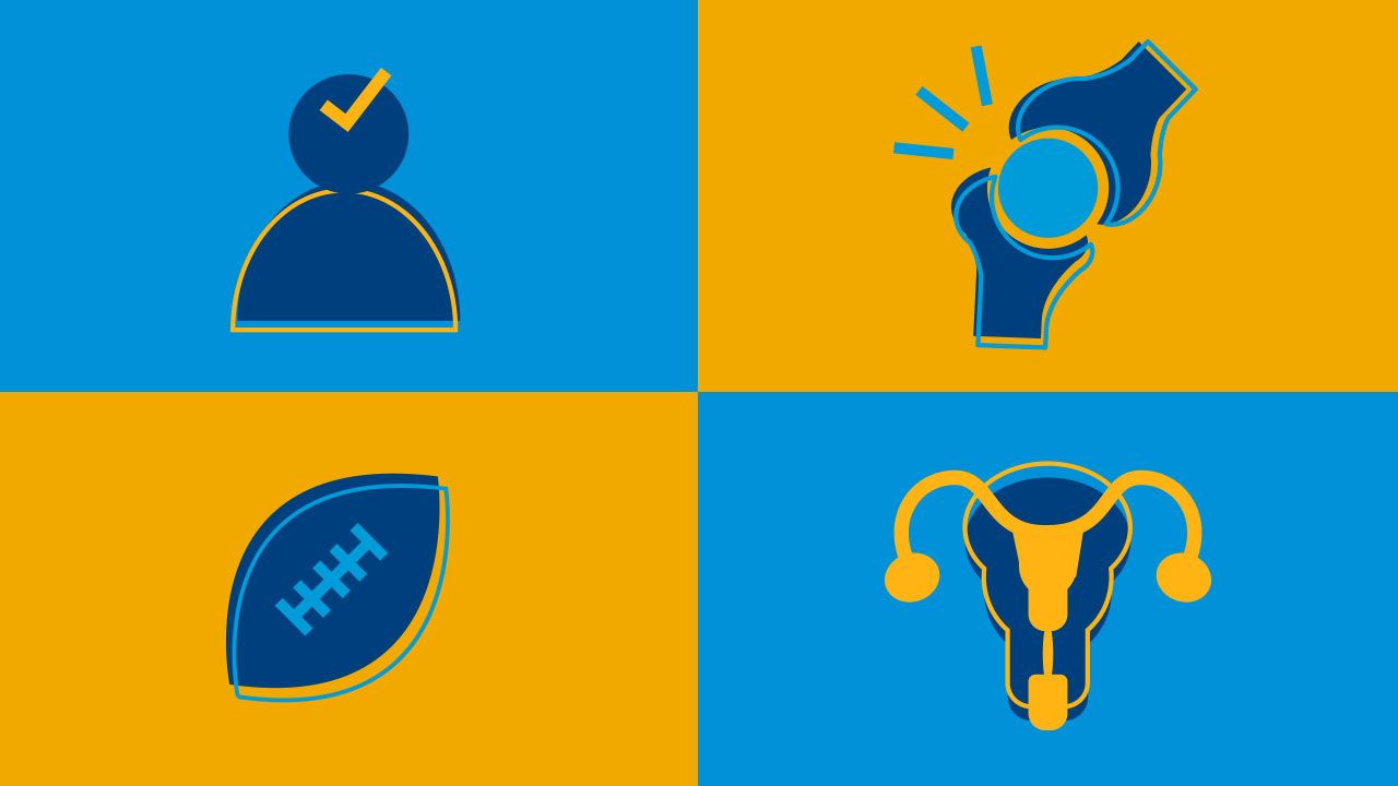 A graphic split into four quadrants against a blue background. Top left displays a stylized icon of a person with a checkmark, top right shows a whistle, bottom left features an American football and bottom right displays a medical illustration of a reproductive system.