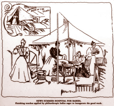 A drawing of what the hospital looked like in 1897 with women caring for patients under a tent