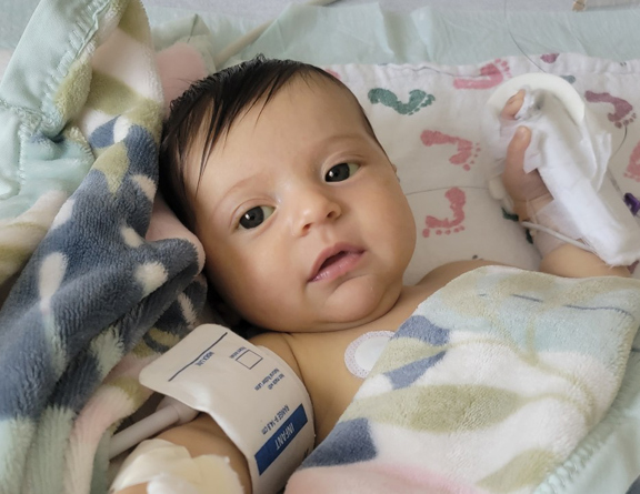 A toddler lies in a hospital bed with a blanket. A blood pressure cuff rests on their arm. 