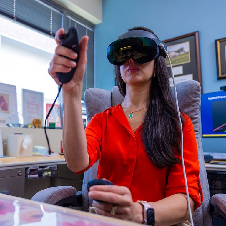 Pediatric cardiologist Dr. Jenny Zablah explores the images of a patient’s heart using a virtual reality headset at Children’s Hospital Colorado.