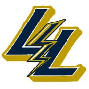 A logo with two of the letter L in blue with a gold border and a matching lightning bolt in between them.
