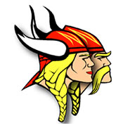 A logo of a viking man and viking woman with red hats and blonde hair.