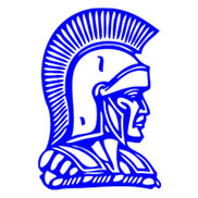 A logo of a spartan warrior in white with a blue outline.