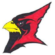 A logo of a red cardinal with yellow beak.