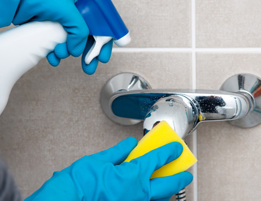 Hands in cleaning gloves using a spray bottle and sponge to clean a shower handle.