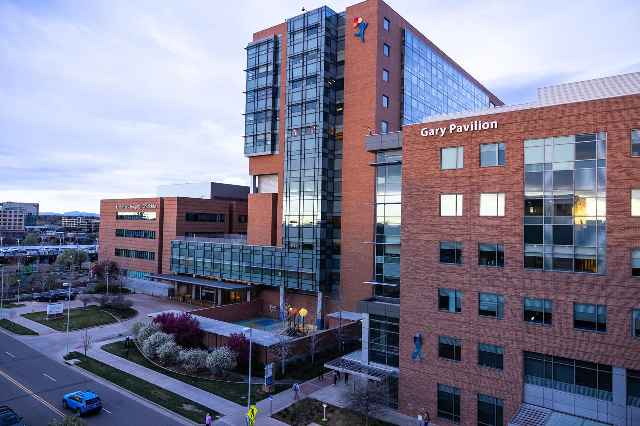 The Children’s Hospital Colorado building on the Anschutz Medical Campus at sunrise.
