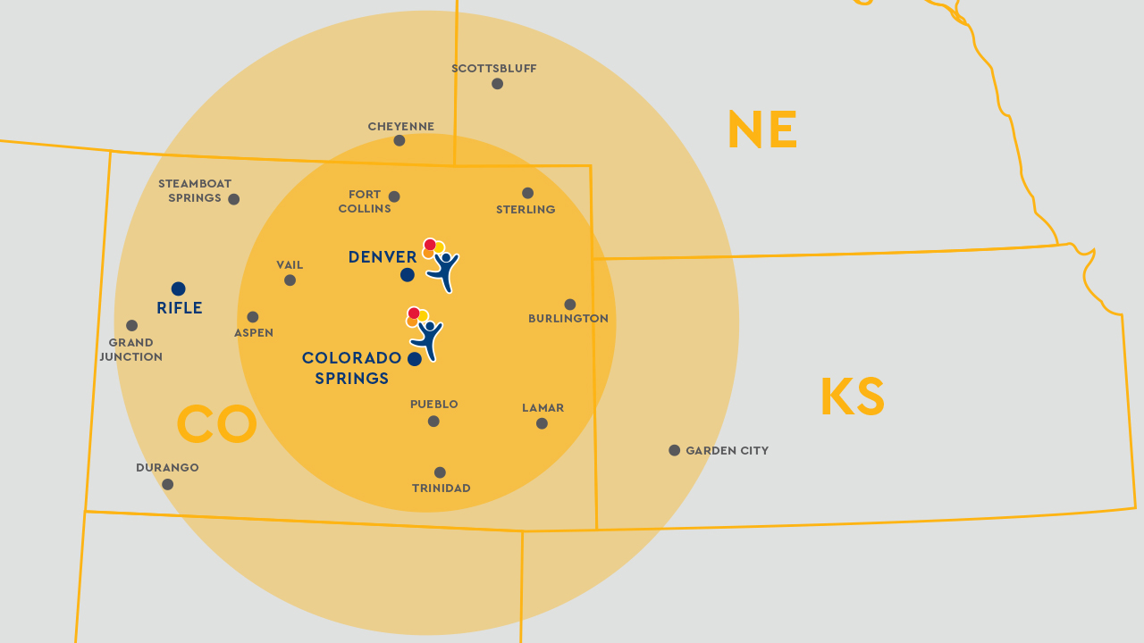 Map of Colorado and surrounding states showing range of EMS for Children Colorado program.