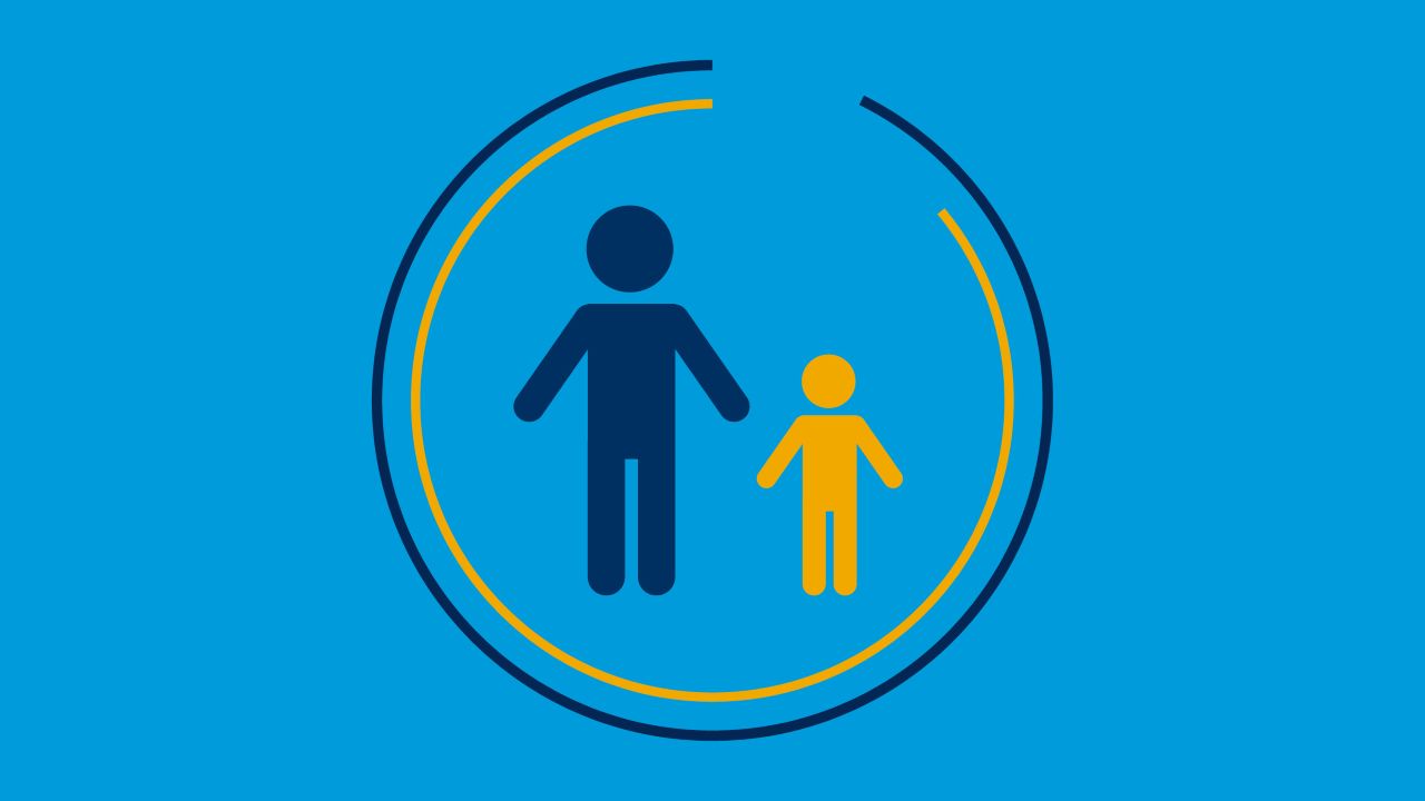 An adult icon and a child icon stand next to each others with different colored circles that represent lifespans — with the child having a shorter expected lifespan than the adults.