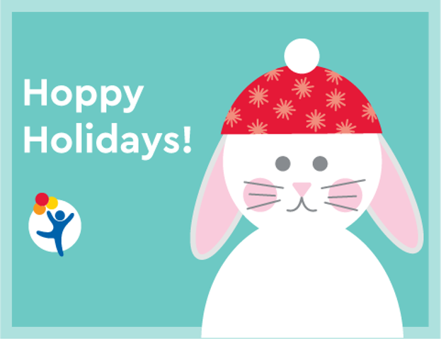 A bunny wearing a winter hat says "Hoppy Holidays!"