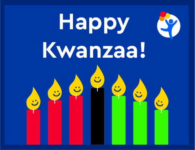 Colorful Hanukkah-themed graphic with candles and text that reads "Happy Kwanzaa!" 