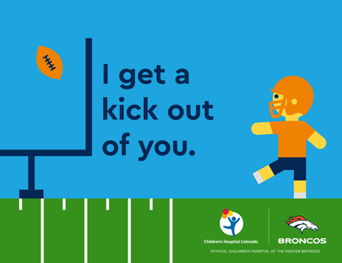 An illustration of a kicker on a football field with a goal post that reads, "I get a kick out of you."