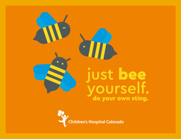 Colorful cartoon graphics of bees flying with text that reads, "Just bee yourself. do your own sting" 