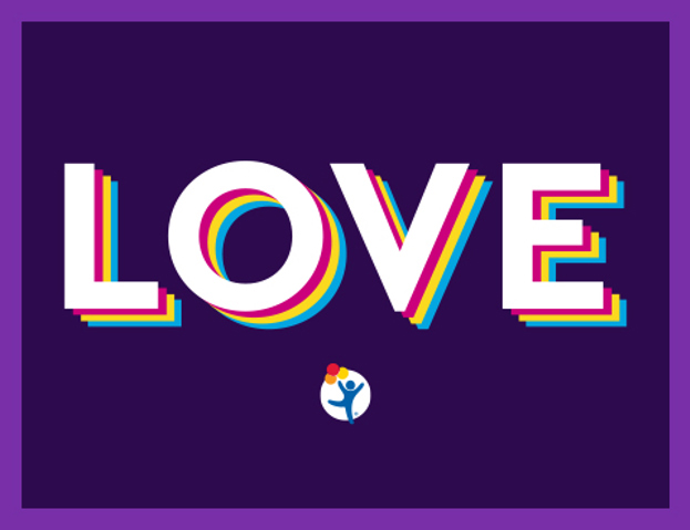 Colorful graphic with rainbow text of "LOVE" 