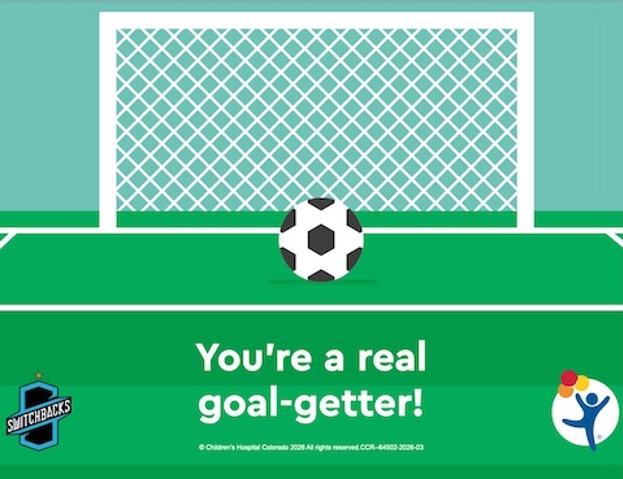 Colorful graphic of a soccer ball on a soccer field in front of a goal, text reads "You're a real goal getter!" 