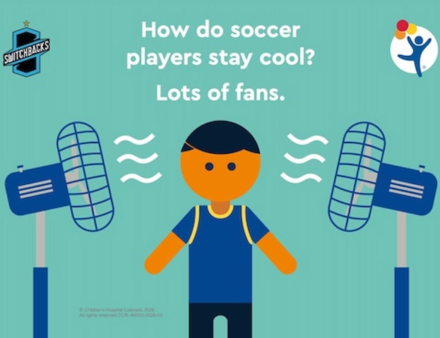 Colorful graphic of a soccer player with fans blowing and text that reads "How do soccer players stay cool? Lots of fans." 